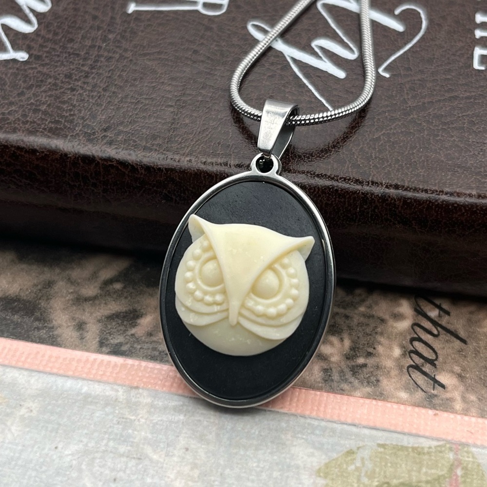 Whimsigoth Owl Cameo Necklace Stainless Steel Dark Academia 20”